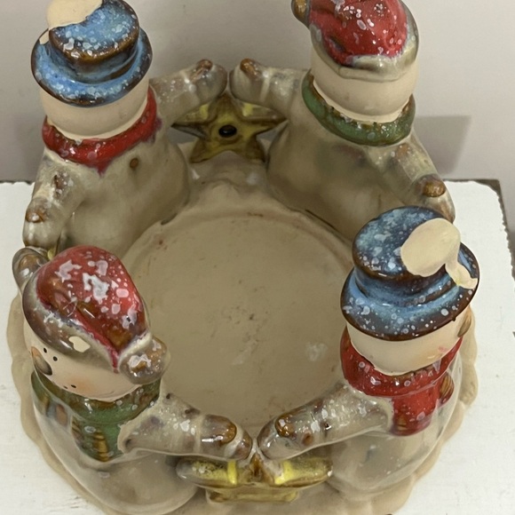 Kirklands Potters Garden II Snowmen Pottery Candle Holder Round 4.5” T x 6” Diam - Picture 9 of 11